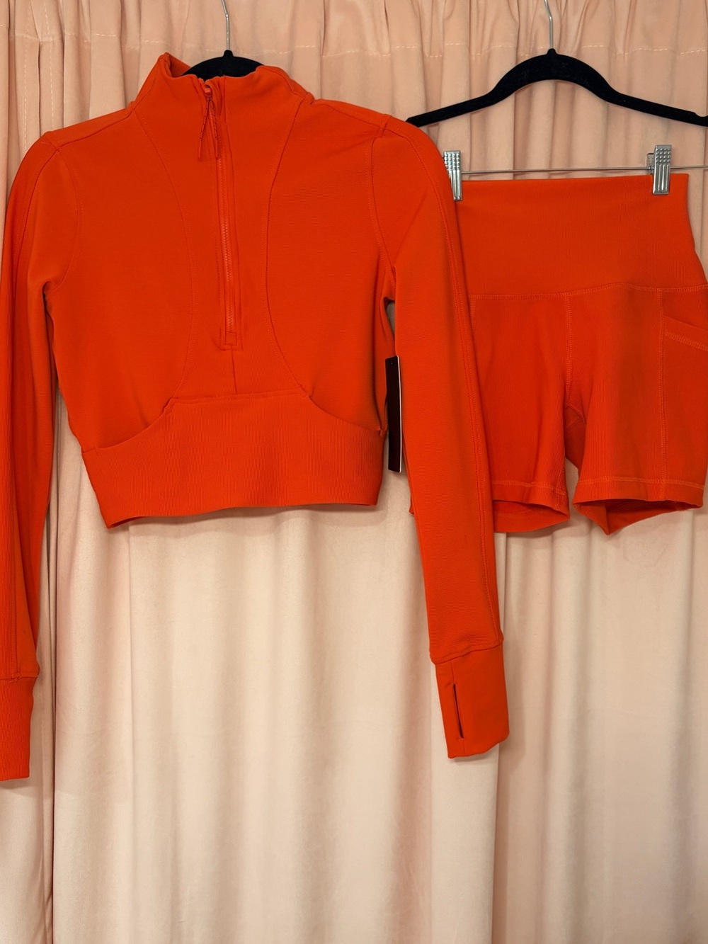 Vibrant Orange Quarter-Zip Crop Top and Biker Shorts Workout Set
